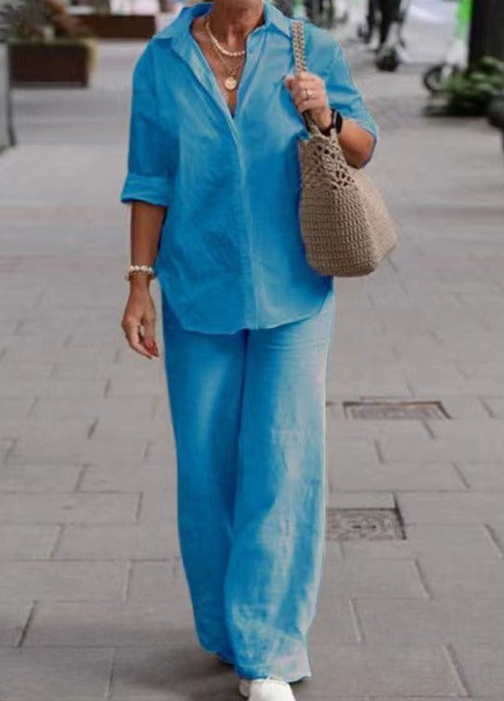 Denice Elegant Casual Two Piece Set | Relaxed Button-Up Top and Wide-Leg Trousers