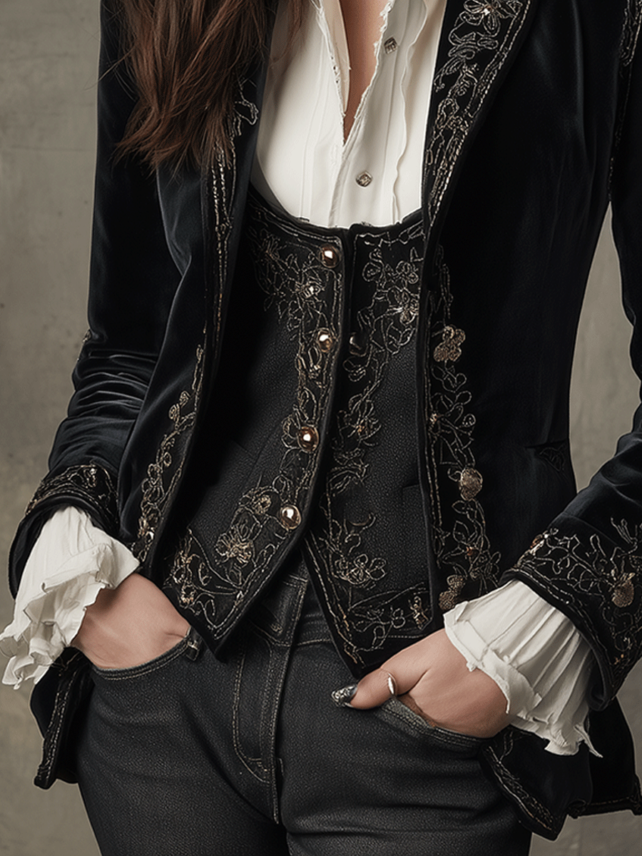 Chic Black Velvet Blazer with Embroidery