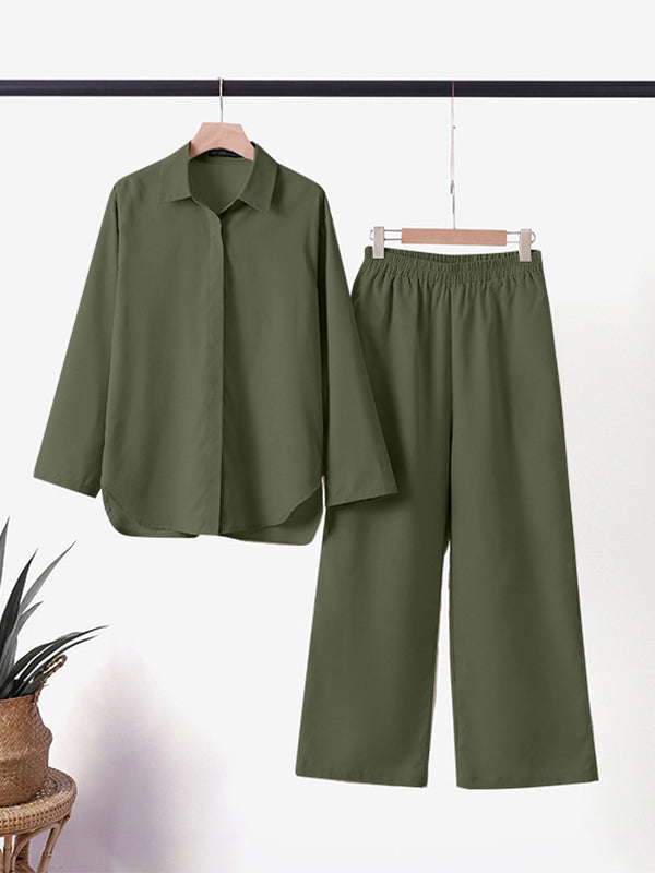Denice Elegant Casual Two Piece Set | Relaxed Button-Up Top and Wide-Leg Trousers