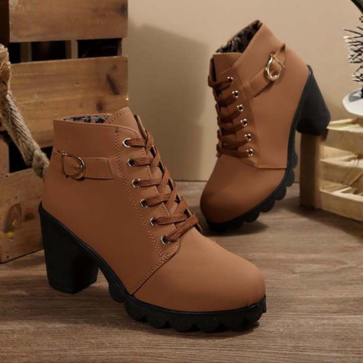 Katni | Chic Lace-Up Metal Buckle Chunky Ankle Boots
