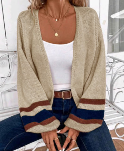 JANTHE™ - Comfy Open Front Striped Lantern Sleeve Cardigan