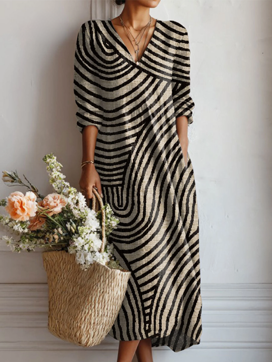 Women's Vintage Abstract Geometry Art Print Linen Pocket Dress
