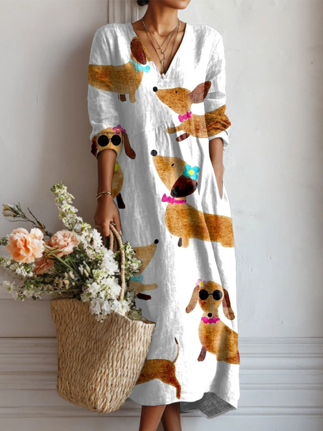 Women's Vintage Dachshund Art Print Linen Pocket Dress