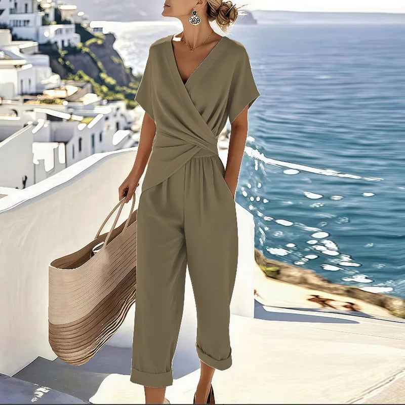Colleen Elegant Two-Piece Set | Wrap-Front Top and Cropped Trousers