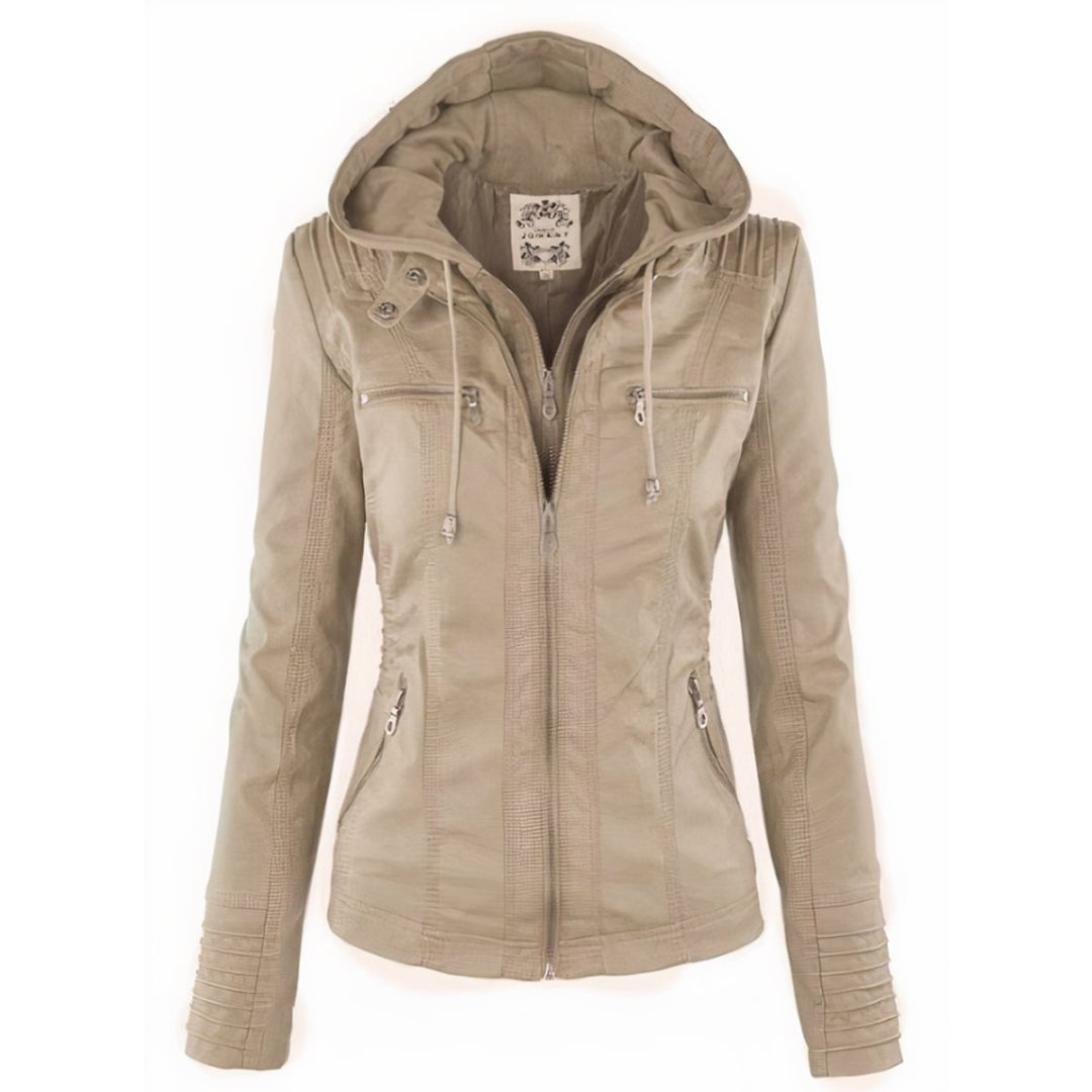 Amelia | Women's Hooded Moto Faux Leather Jacket Removable Hood